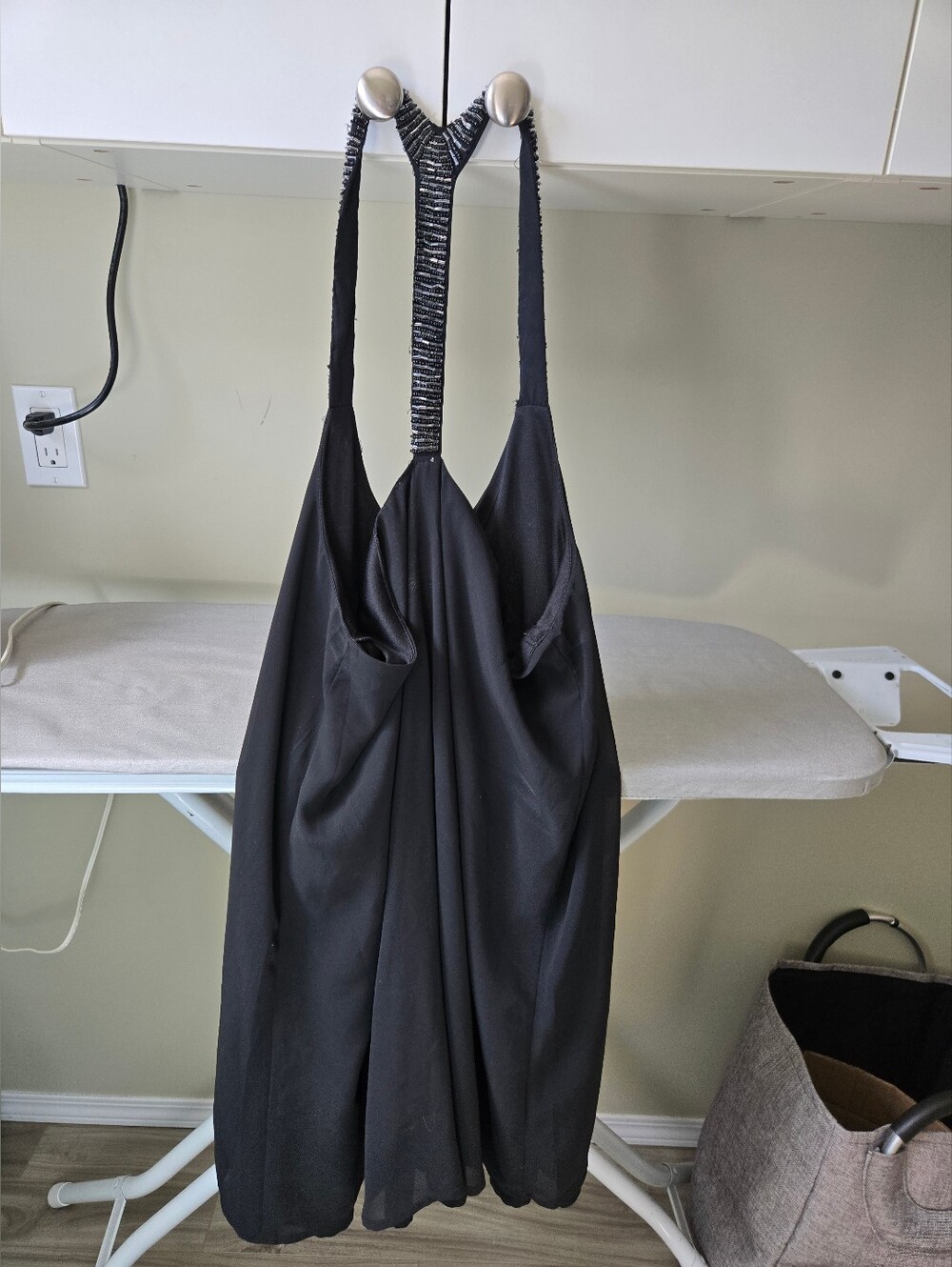Black Sleeveless Halter Dress with Beaded Neckline